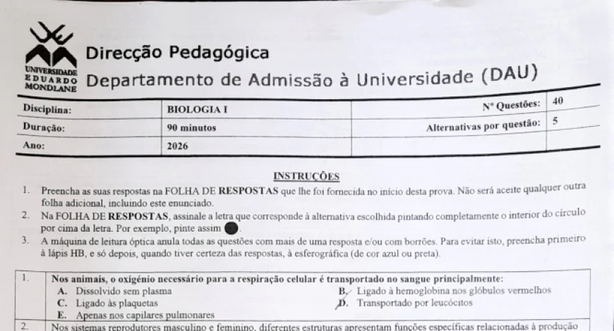 Exame de Admissão de Biologia I UEM 2026: Análise Completa da Prova, Resolvido