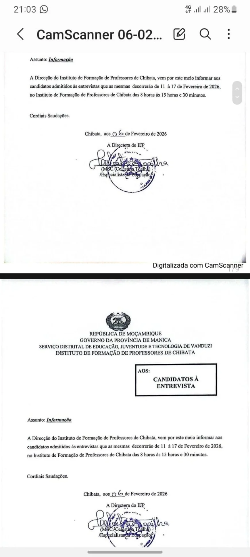 Resultados do IFP 2026 Chibata