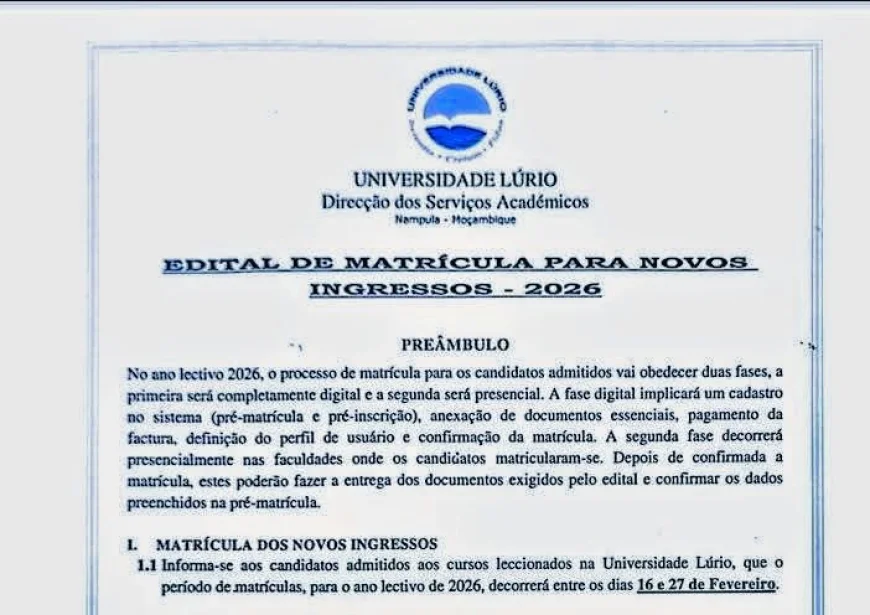 Edital de Matrícula para Novos Ingressos 2026 – UniLúrio